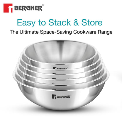 BERGNER Argent 6 Pc Triply Tasra Set - 16cm/900ml, 18cm/1L, 20cm/1.5L, 22cm/2.25L, 24cm/2.5L and 26cm/3.6L, Faster and Even Heating, Consumes Less Oil, Healthy Cooking - Induction and Gas Stove Ready
