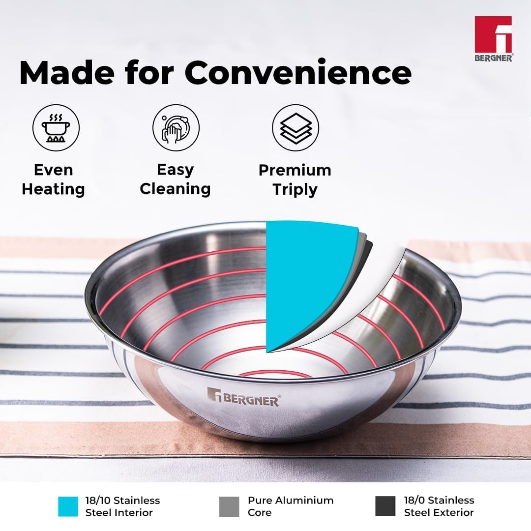 BERGNER Argent 6 Pc Triply Tasra Set - 16cm/900ml, 18cm/1L, 20cm/1.5L, 22cm/2.25L, 24cm/2.5L and 26cm/3.6L, Faster and Even Heating, Consumes Less Oil, Healthy Cooking - Induction and Gas Stove Ready