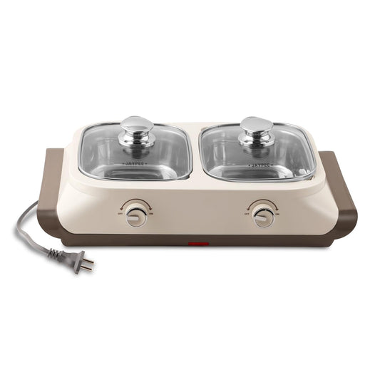 Jaypee Twin Power 2 Removable Container Electric Serving Casserole 1100 ml Each Stainless Steel Chafing Dish Food Buffet Server 2 in 1 Hot Pot Electric Bowl for Reheating Food, S Ivory