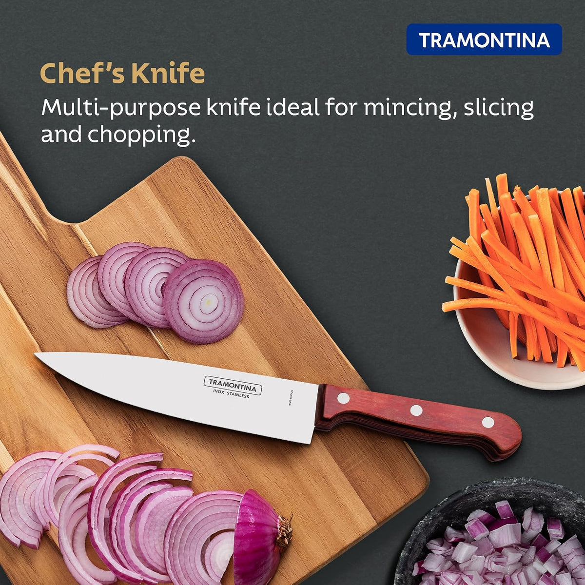 TRAMONTINA Polywood 15.2cm /6" Chef Knife | Stainless Steel Blade Professional Kitchen Knife | Chopping Knife | Plain/Straight Edge | Treated Wooden Handle | Impact Resistant | 5 Yr Warranty