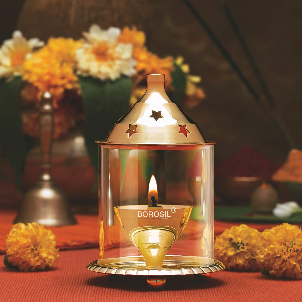 Borosil Small Size Akhand Diya Decorative Brass Oil Lamp | Tea Light Holder | Diya with Borosilicate Glass | Puja Dia for Mandir | Lantern Diya with Cover