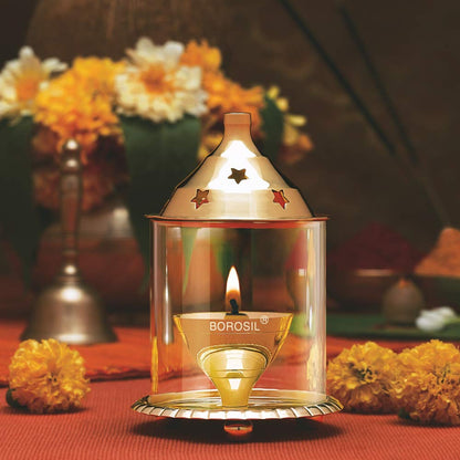Borosil Small Size Akhand Diya Decorative Brass Oil Lamp | Tea Light Holder | Diya with Borosilicate Glass | Puja Dia for Mandir | Lantern Diya with Cover