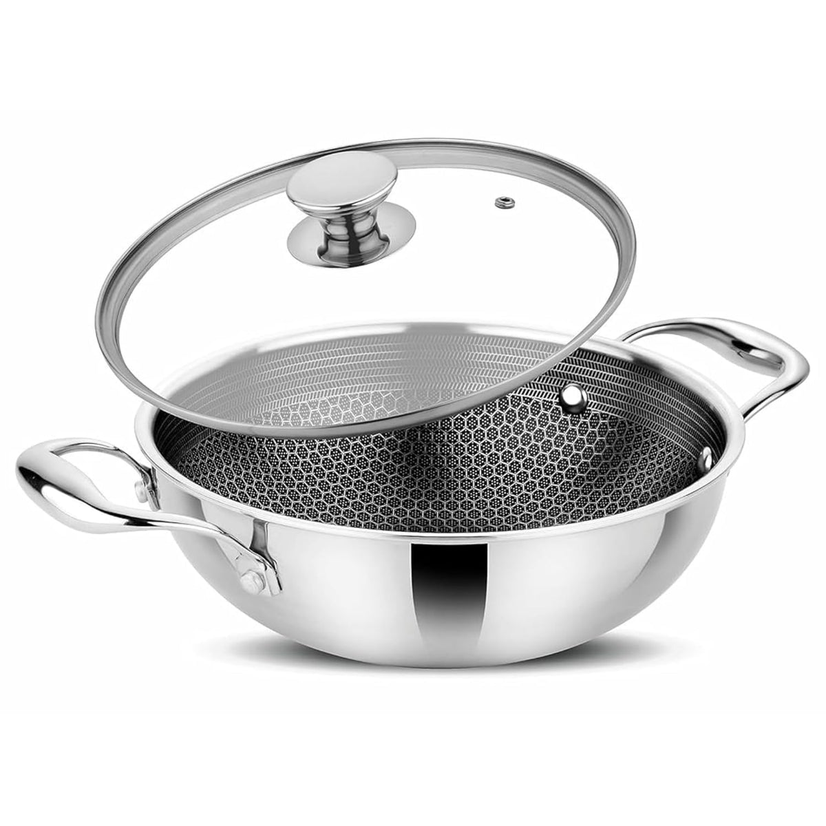 Prabha Hexa Triply Kadai with Glass Lid 4.3 litres 28cm | Cookware Kadai Set with Matt | Induction Base Kadhai for Cooking/Deep Frying | Non-Stick Kadhai Steel | 2 Year Warranty | BIS Certified
