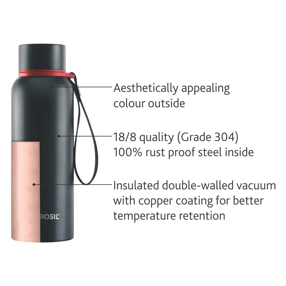Borosil 850 ml Trek Stainless Steel Water Bottle, 20 Hrs Hot & 24 Hrs Cold