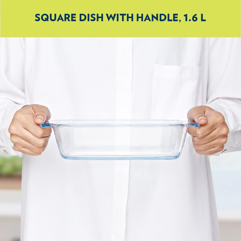 Borosil 1.6 L Baking & Serving Dish with Handle | Borosilicate Glass Round Shape Bakeware and Serveware Casserole Dish Tray | Microwave, Oven & Dishwasher Safe Bowl (Transparent)