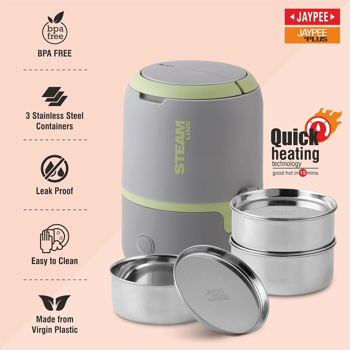 Jaypee Plus Steamline Electric Lunch Box for Office Men & Women Stainless Steel Container 300X3 ml with Bag Pour Water into Base & Food Reheat in 15 Minute with Auto Cut steam Technology,Grey Green
