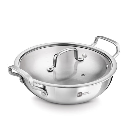 BERGNER BE Essentials Triply Stainless Steel 24 cm / 3 L Kadai with Flat Glass Lid, Kadhai with Lid, Consumes Less Oil, Healthy Cooking, Mirror Shiny Finish, Easy to Clean - Full Induction Bottom