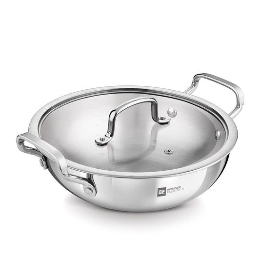 BERGNER BE Essentials Triply Stainless Steel 24 cm / 3 L Kadai with Flat Glass Lid, Kadhai with Lid, Consumes Less Oil, Healthy Cooking, Mirror Shiny Finish, Easy to Clean - Full Induction Bottom