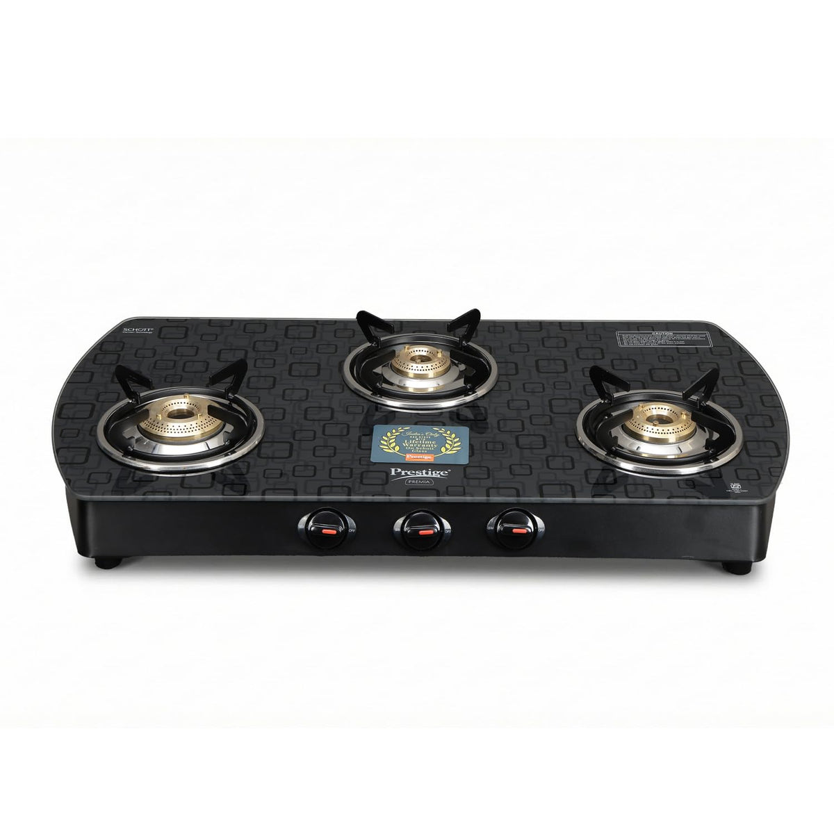 Prestige Premia Schott Glass-Top GTS 03L (D) (Black) 3 Brass Burner Gas Stove | Black | Ergonomic Knob | SABAF Gas Valves | Individual Pan Support | Tri-Pin Burners