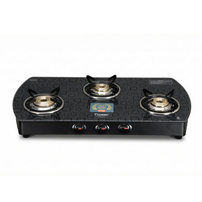 Prestige Premia Schott Glass-Top GTS 03L (D) (Black) 3 Brass Burner Gas Stove | Black | Ergonomic Knob | SABAF Gas Valves | Individual Pan Support | Tri-Pin Burners