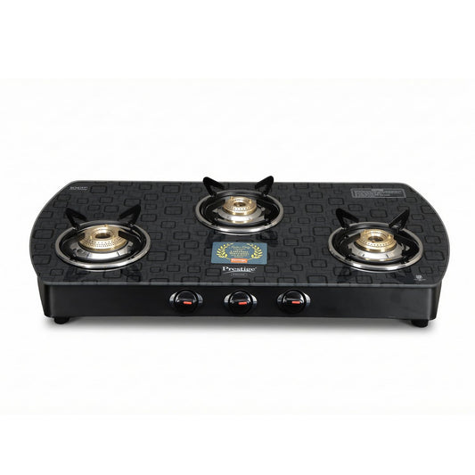 Prestige Premia Schott Glass-Top GTS 03L (D) (Black) 3 Brass Burner Gas Stove | Black | Ergonomic Knob | SABAF Gas Valves | Individual Pan Support | Tri-Pin Burners