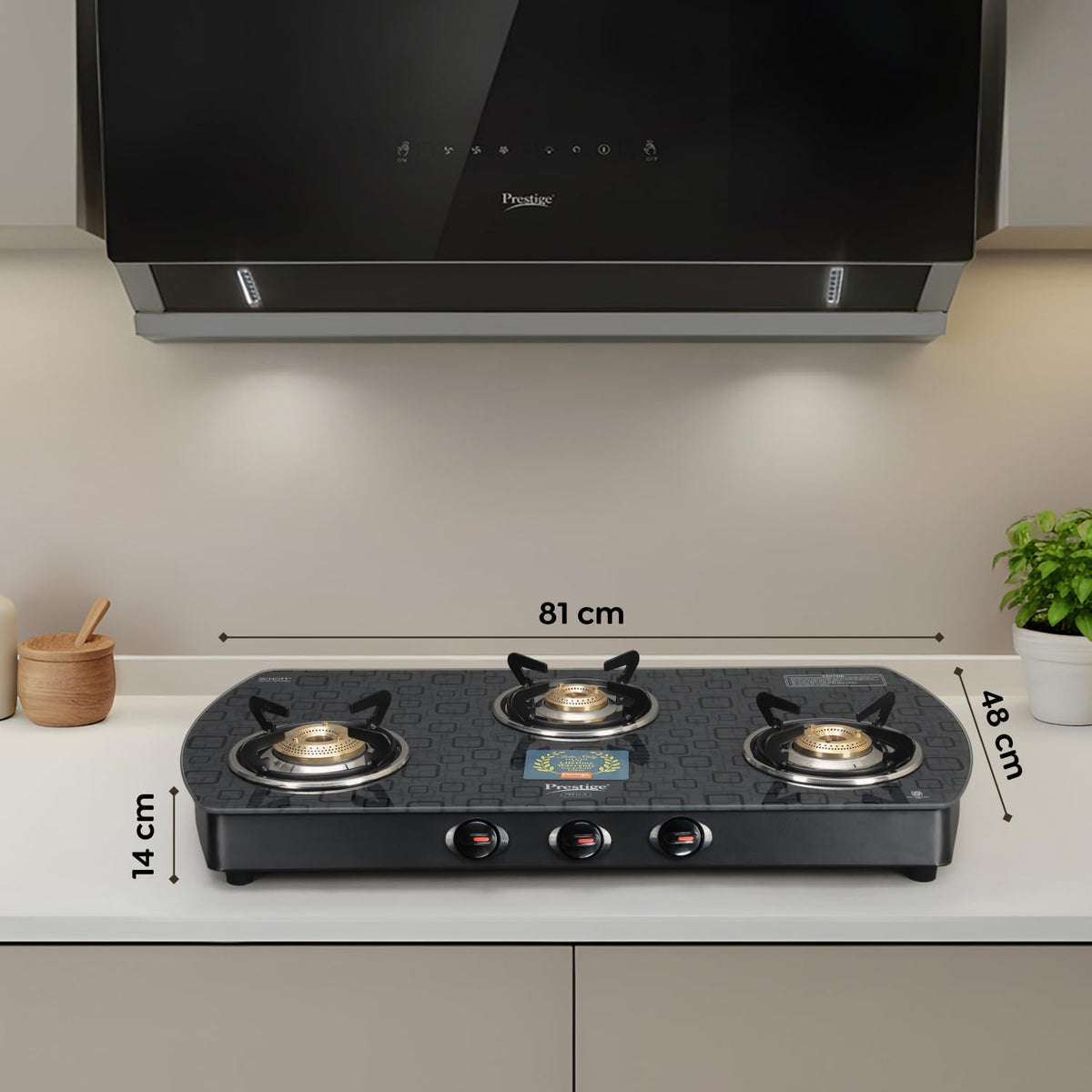 Prestige Premia Schott Glass-Top GTS 03L (D) (Black) 3 Brass Burner Gas Stove | Black | Ergonomic Knob | SABAF Gas Valves | Individual Pan Support | Tri-Pin Burners