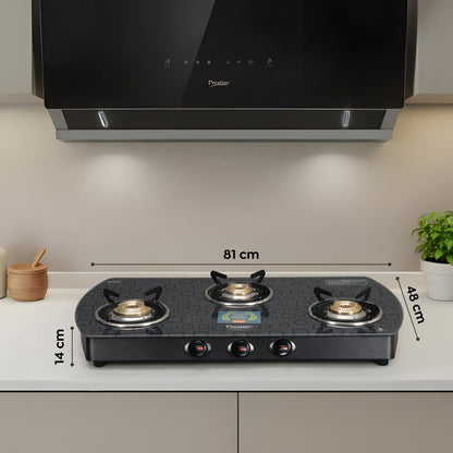 Prestige Premia Schott Glass-Top GTS 03L (D) (Black) 3 Brass Burner Gas Stove | Black | Ergonomic Knob | SABAF Gas Valves | Individual Pan Support | Tri-Pin Burners