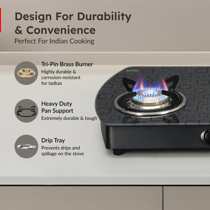 Prestige Premia Schott Glass-Top GTS 03L (D) (Black) 3 Brass Burner Gas Stove | Black | Ergonomic Knob | SABAF Gas Valves | Individual Pan Support | Tri-Pin Burners
