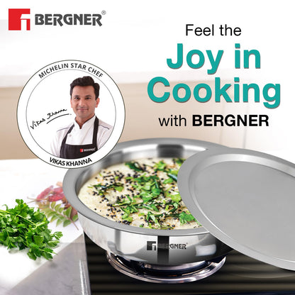 Bergner Argent TriPly Stainless Steel 22 cm Lagdi with Stainless Steel Lid, 1.9 L Saute Pan with Lid, Food Safe, Durable, Dishwasher Safe, Induction and Gas Ready, 5-Year Warranty