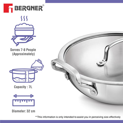 BERGNER BE Essentials Triply Stainless Steel 32cm/6.5L Kadai with Flat Glass Lid, Large Kadhai with Lid, Consumes Less Oil, Healthy Cooking, Mirror Shiny Finish, Easy to Clean - Full Induction Bottom