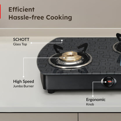 Prestige Premia Schott Glass-Top GTS 03L (D) (Black) 3 Brass Burner Gas Stove | Black | Ergonomic Knob | SABAF Gas Valves | Individual Pan Support | Tri-Pin Burners