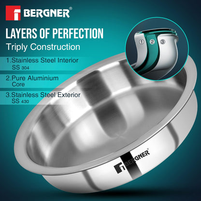 BERGNER Argent 26cm Triply Lagdi with Stainless Steel Lid, 3.5 Liters Shallow Tope, Consumes Less Oil, Healthy Cooking, Food Safe, Flared Rim, Even Heat Distribution - Induction and Gas Stove Ready