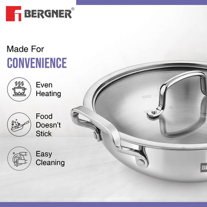 BERGNER BE Essentials Triply Stainless Steel 32cm/6.5L Kadai with Flat Glass Lid, Large Kadhai with Lid, Consumes Less Oil, Healthy Cooking, Mirror Shiny Finish, Easy to Clean - Full Induction Bottom