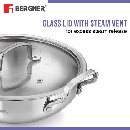 BERGNER BE Essentials Triply Stainless Steel 32cm/6.5L Kadai with Flat Glass Lid, Large Kadhai with Lid, Consumes Less Oil, Healthy Cooking, Mirror Shiny Finish, Easy to Clean - Full Induction Bottom