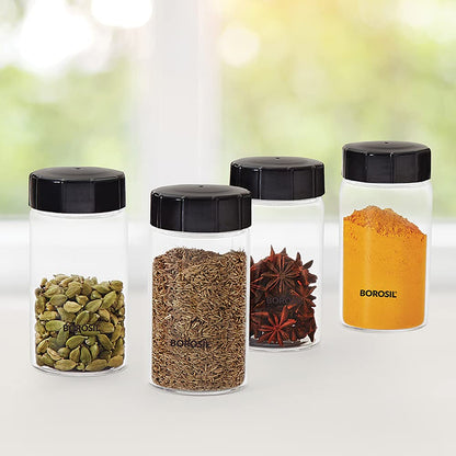 Borosil 250ml 4pc Neo Glass Spice Jar Set with PP Lid | Borosilicate Glass Storage Organiser | Microwave & Dishwasher Safe Kitchen Containers for Spices, Snacks, Grains, Dals | Transparent