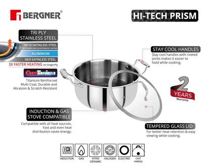 BERGNER Hitech Triply Stainless Steel Scratch Resistant Non Stick Serving Pan With Glass Lid, 28 cm, 5.7 Litres