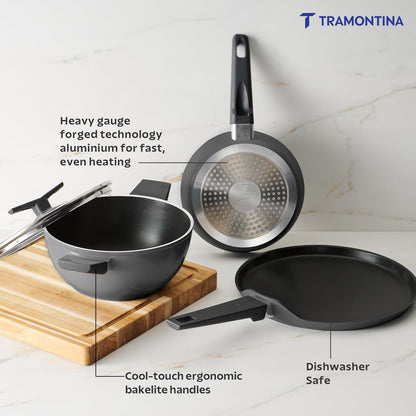 Tramontina Chroma Cookware Set of 4-Kadhai 22 cm with Lid, Fry Pan 20 cm, Dosa Tawa 28 cm
