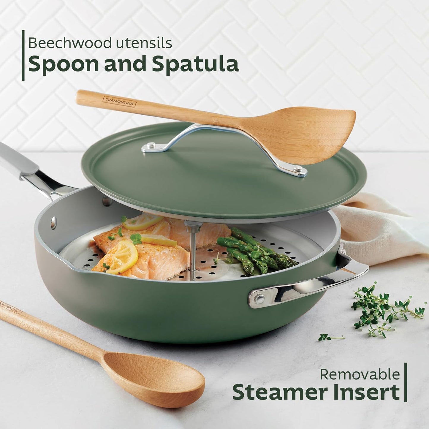 TRAMONTINA All-in-One Plus 30cm/4.7L Pan with Aluminium Lid, Steamer, Beechwood Spoon & Spatula Green