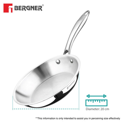 BERGNER Argent TriPly 20 cm Frypan/Steel Pan, Scratch Resistant, for Spice Tempering/Seasoning, Stay Cool Long Handle, Mirror Finish, Induction Ready, 5-Year Warranty by Bergner