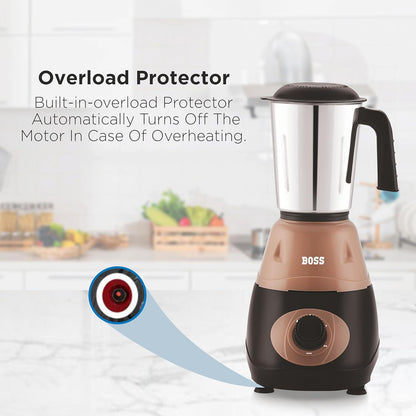 BOSS Bravo 500W Mixer Grinder with Powerful Motor, Unique Flow Breaker Design & Overload Protection (3 Stainless Steel Jars, Beige)