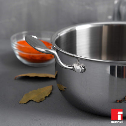 BERGNER Hitech Triply Stainless Steel Scratch Resistant Non Stick Serving Pan With Glass Lid, 28 cm, 5.7 Litres