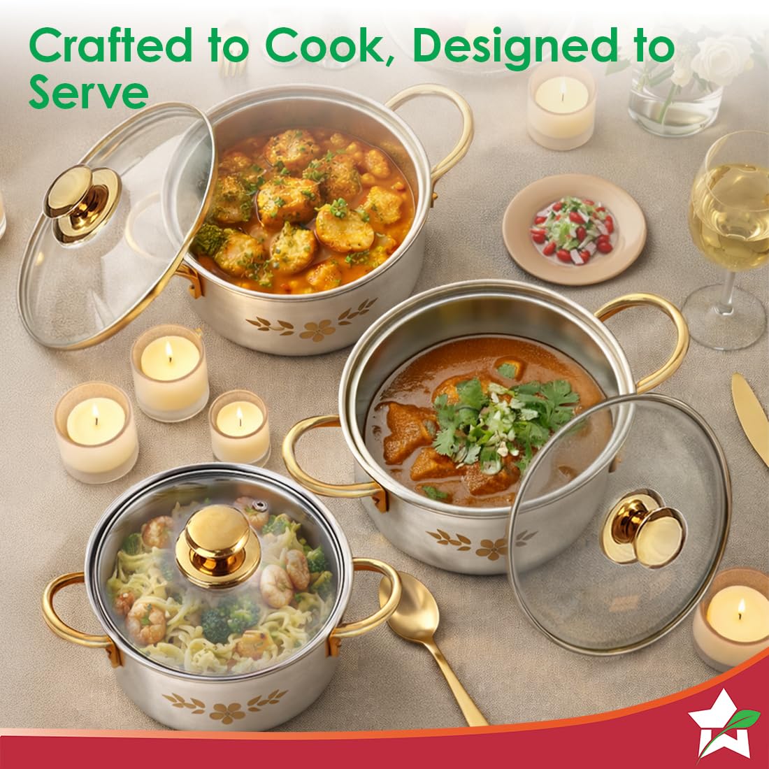 Wonderchef Gold Stanton Stainless-Steel 3 Pc Casserole Set with Glass Lid