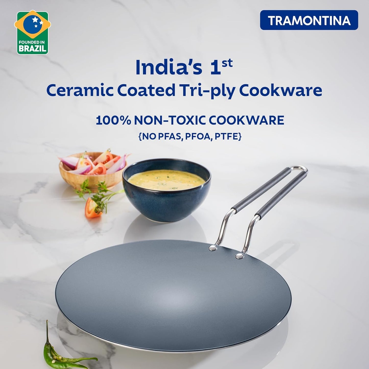 TRAMONTINA FUSAO EX+ 26cm Triply Stainless Steel Ceramic Coated Concave Tawa Roti Tawa