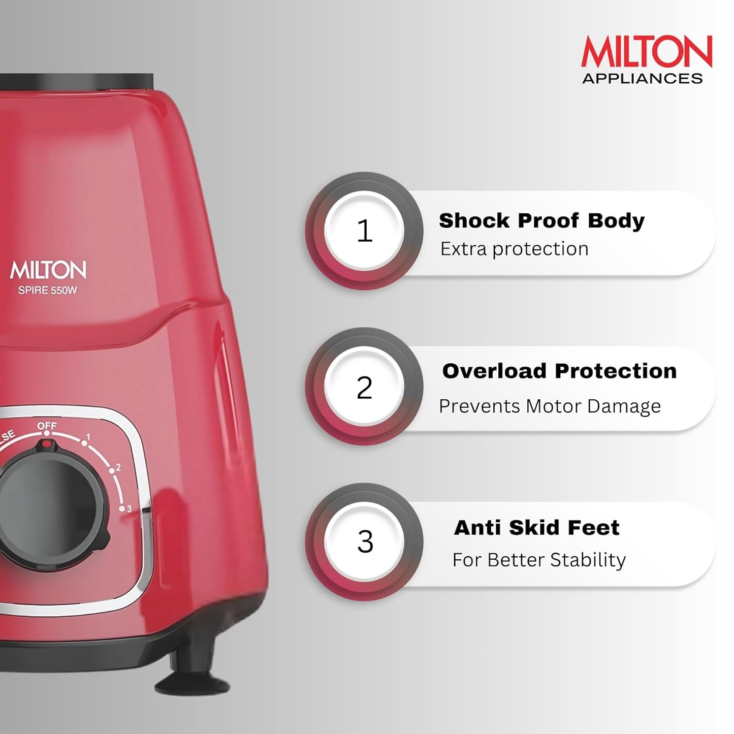 Milton Spire Mixer Grinder, ISI Certified, Grindstone Blade Technology, 3 Jar, 550 W