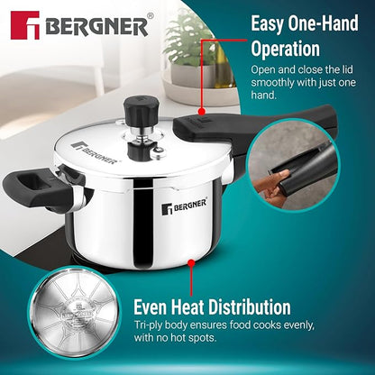 Bergner Argent Classic Triply Stainless Steel 1.5 Liters Outer Lid Pressure Cooker
