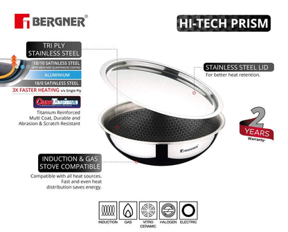BERGNER Hitech Triply Stainless Steel Scratch Resistant Non Stick Tasra/Tasla With Stainless Steel Lid, 20 cm, 1.5 Litres,