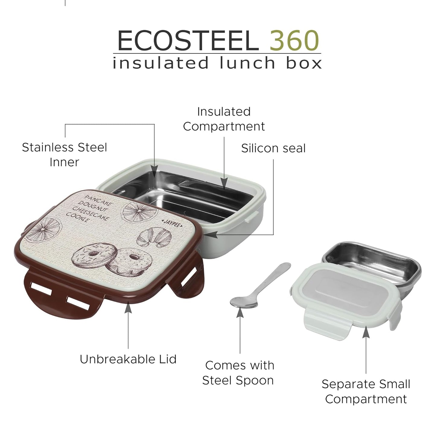 JAYPEE Ecosteel Jr Pista Brown 550 ml Inner Stainless Steel Insulated Lunch Box for School Snacks Box