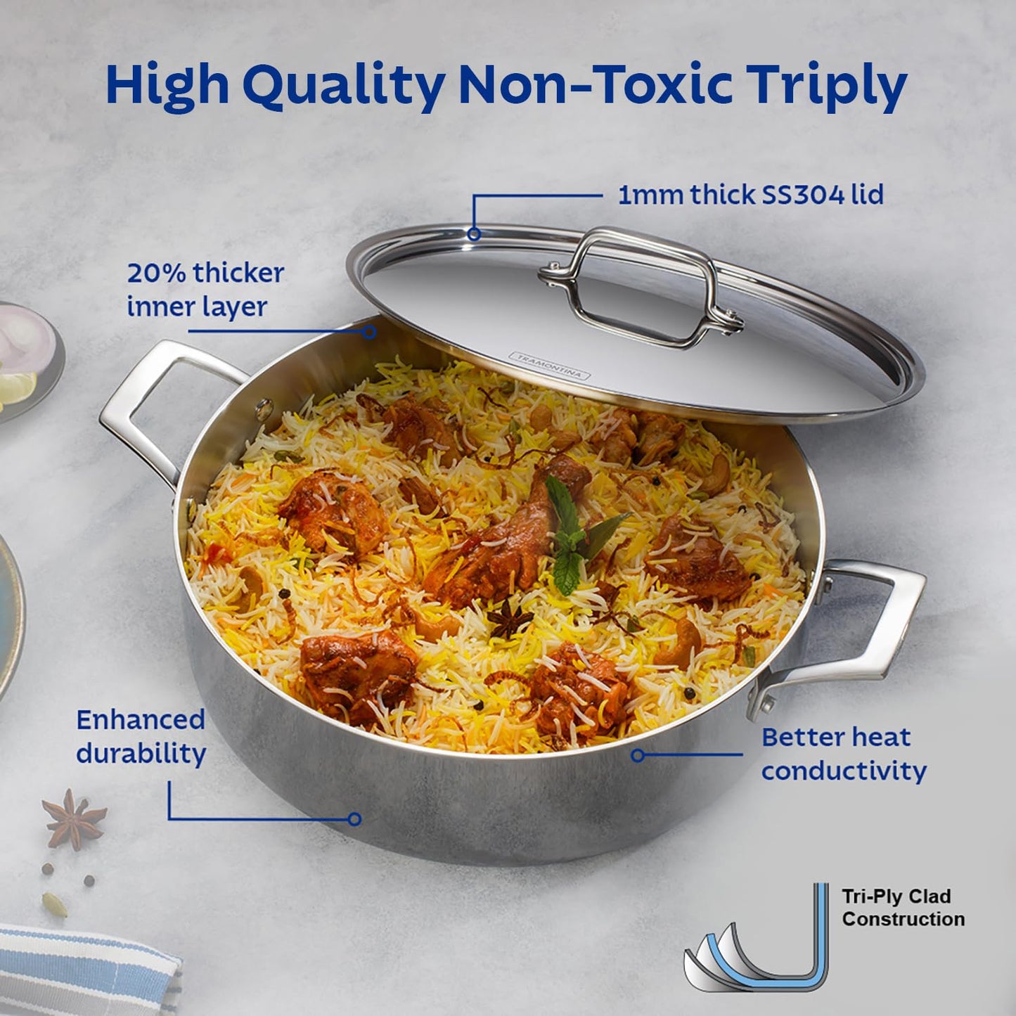 Tramontina AEION TriPly 20cm / 3.1L Stainless Steel Biryani Handi with Lid