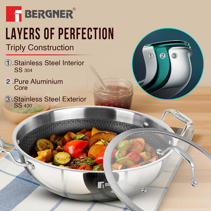 BERGNER Hi-Tech TriPly Stainless Steel 22cm (2.25 L) Kadai with Glass Lid, Honeycomb Non-Stick Coating