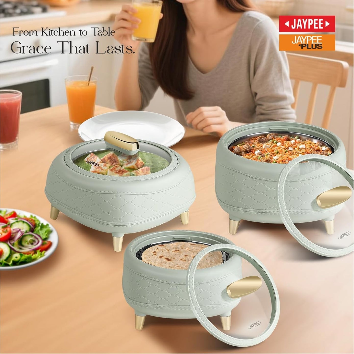 JAYPEE Kingston Klass Stitched Leather Luxurious Outer & Inner Stainless Steel Casserole Set of 3 with Glass Lid(1500+2000+2500) Green