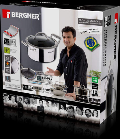 BERGNER Hitech Prism Wok with lid with Titanium Coating, Kadhai with Lid (20Ø x7cm, 1.5L), Silver (BG-31151-MM)
