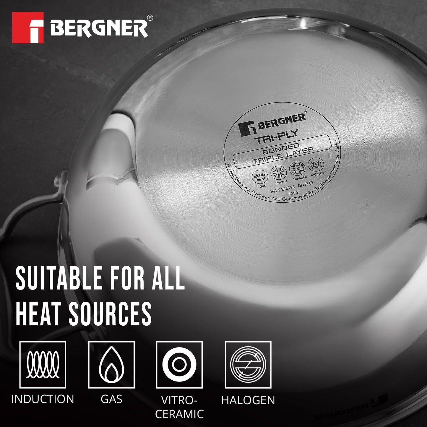 BERGNER Hitech Triply Non-Stick 32 Cm(5.8 L) Kadai with Flat Glass Lid