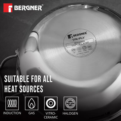 BERGNER Hitech Triply Non-Stick 32 Cm(5.8 L) Kadai with Flat Glass Lid