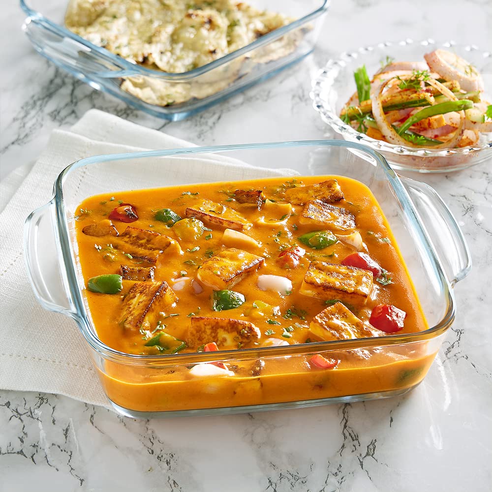 Borosil 1.6 L Baking & Serving Dish with Handle Borosilicate Glass Round Shape Bakeware and Serveware Casserole Dish Tray