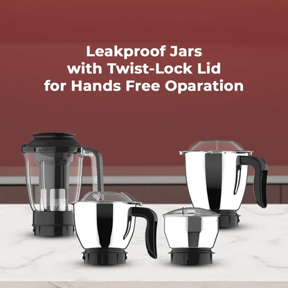 Butterfly Magnum 1.2HP Mixer Grinder with 4 Jars | 100% Copper Motor | 3 Stainless Steel Multipurpose Jars and 1 Juicer Jar | ABS Body | Handsfree Operation | Lifetime Motor Warranty| Black