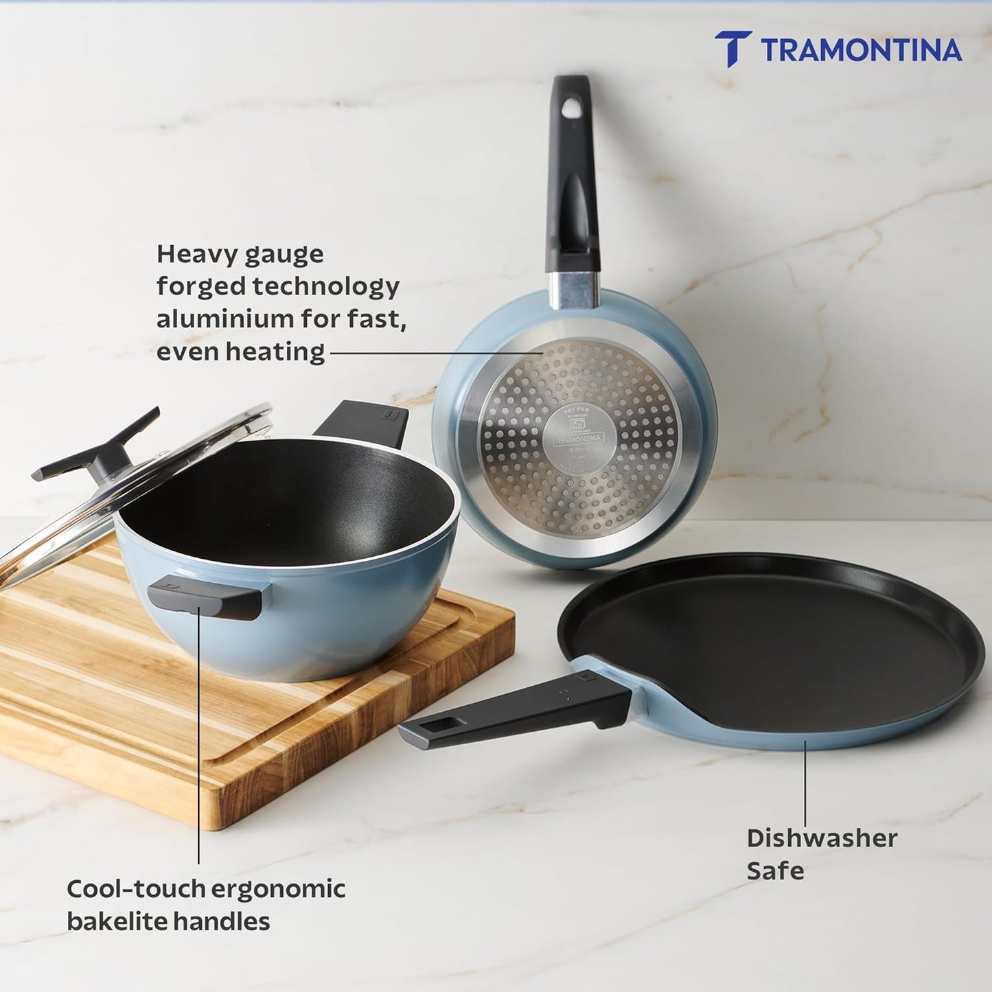 Tramontina Chroma Cookware Set of 4 - Kadhai 22 cm with Lid, Fry Pan 20 cm, Dosa Tawa 28 cm