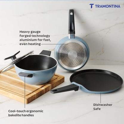 Tramontina Chroma Cookware Set of 4 - Kadhai 22 cm with Lid, Fry Pan 20 cm, Dosa Tawa 28 cm