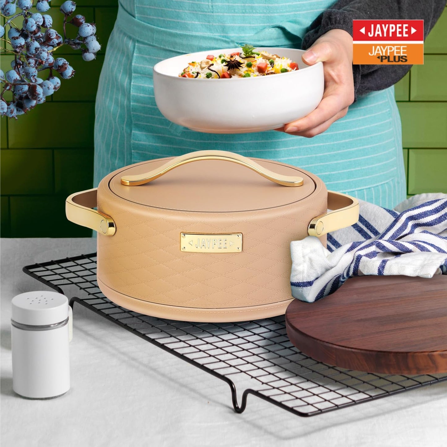 JAYPEE Luxura Inner Stainless Steel Serving Casserole Set of 3 1500, 2000, 2500 ml, Brown