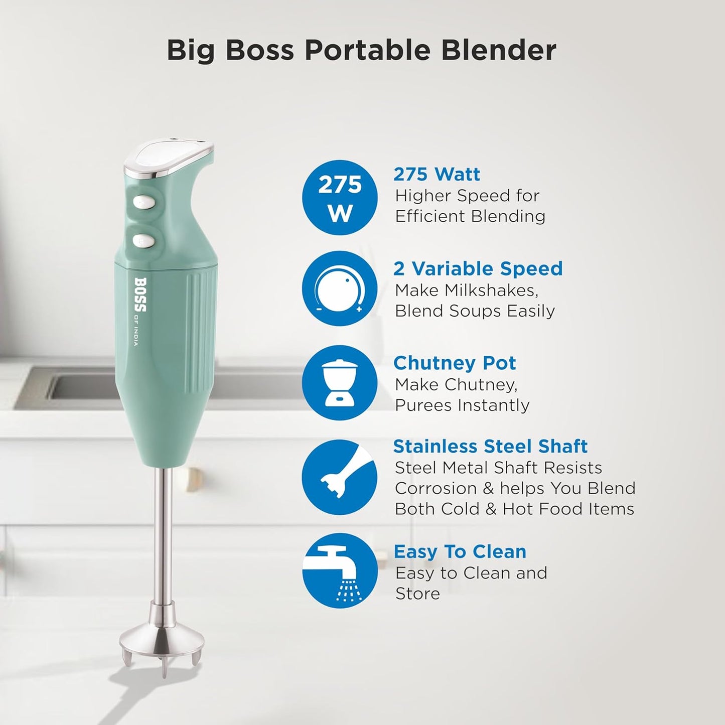 BOSS Stainless Steel Big Boss Portable Hand Blender 275 Watts