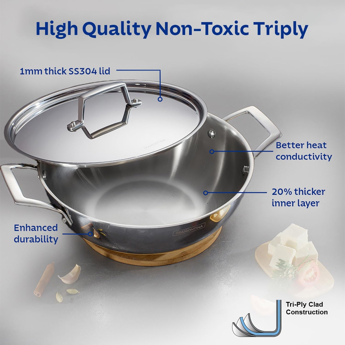 TRAMONTINA Aeion Triply 26cm/3.7L Kadai with SS 304 Lid